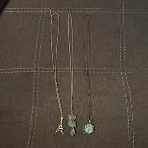 Set of 3 costume necklaces. Owl, tree, Eiffel Tower.